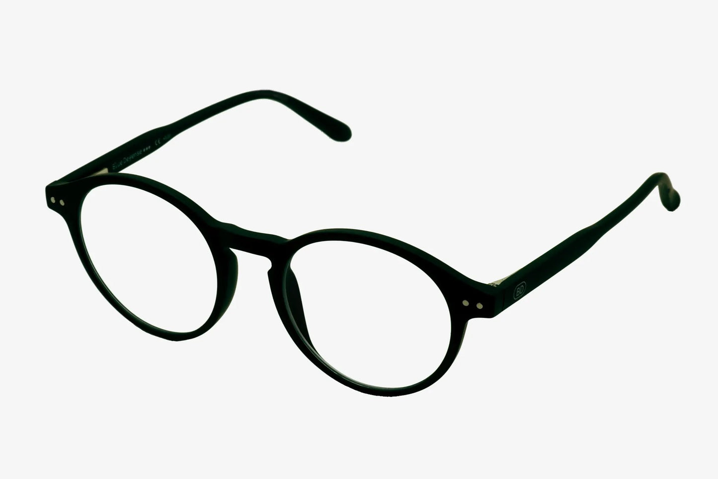 Lentes de lectura con filtro azul Blue Defense. Montura redonda negra y acabado mate, diseñadas para protección visual frente a pantallas digitales y corrección de presbicia.