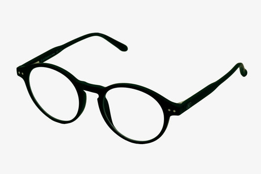 Lentes de lectura con filtro azul Blue Defense. Montura redonda negra y acabado mate, diseñadas para protección visual frente a pantallas digitales y corrección de presbicia.